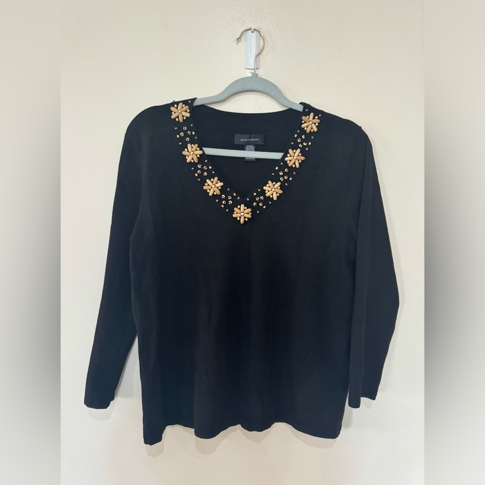 Pointelle Silk Blend Women’s Black Sweater Jeweled Neckline Vintage Fall L